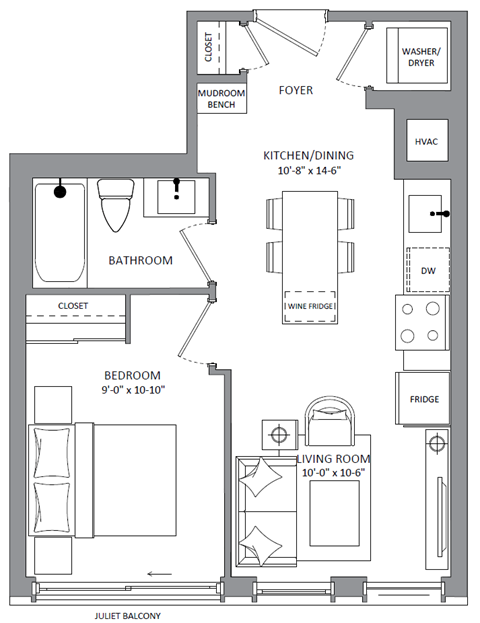 Floor plan for 1 bed, 1 bath, 481 sqft